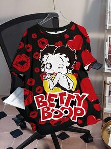 Betty Boop x SHEIN 大尺碼女款唇印短袖T恤 - 白色 - 查看 1