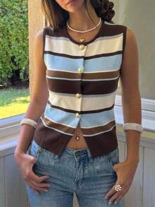 Serisse Women's Casual Vintage American Preppy Style Sleeveless Knit Vest With Brown Striped. Autumn Outfit For Women, Going Out School Brunch Tops - Multicolor - View 5