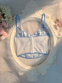 Crystal Vow 1pc Women's Light Blue Romantic Wedding Longline Shaping Bra, Embroidered Thin Cup, Underwire, Push-Up, Adjustable Straps - Baby Blue - View 2