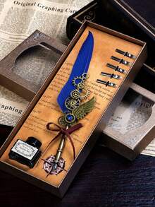 1 Set Jubaboz Calligraphy Brush Pen With Stamp And Sealing Wax, Feather Pen, Ink, Vintage Writing Ink Dip Pen With Mechanical Gear Back To School - multicolor - View 11