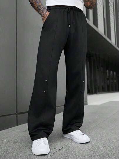 Manfinity CasualCool Men's Casual Minimalist Design Black Sweatpants, Split Line Design, Rivet Decoration, Loose Fit Versatile Long Sweatpants