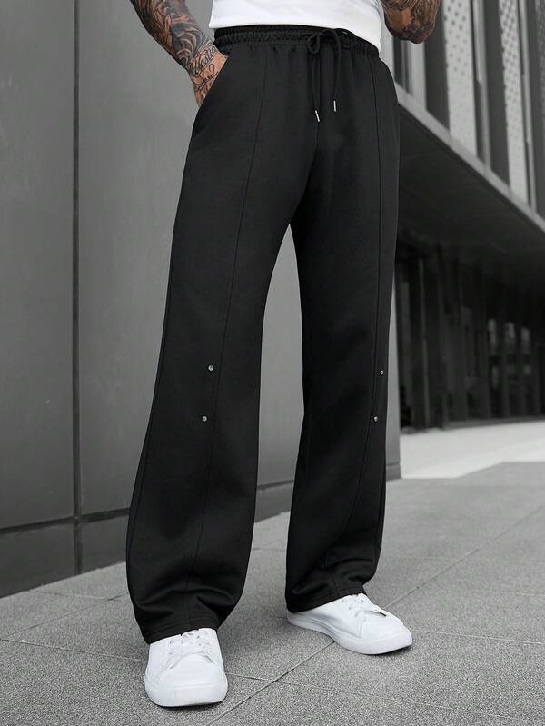 Manfinity CasualCool Men's Casual Minimalist Design Black Sweatpants, Split Line Design, Rivet Decoration, Loose Fit Versatile Long Sweatpants