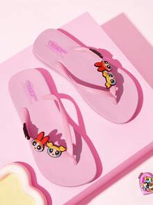 THE POWERPUFF GIRLS X SHEIN 卡通夾腳拖鞋，EVA輕量材質，腳趾保護，透氣快乾，柔軟舒適，適合室內、淋浴或海邊等多種場合使用，夏季服飾，春季服飾，海灘，度假 - 珊瑚粉 - 查看 2