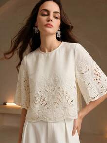 Anewsta Women's New Elegant Vacation Style Wedding Banquet Sheer Heavy Embroidery Hollow Out Round Neck Short Sleeve Cover Up - White - View 6