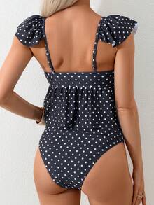 Swim Lushoire 女款黑白波點方領荷葉袖荷碼兩件式泳衣，高腰收腹短版背心上衣配蛋糕下擺與比基尼泳褲 - 彩色 - 查看 2