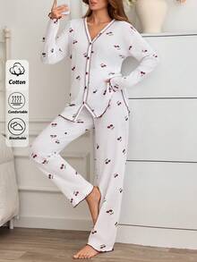 SHEIN 女款棉質 2 件組羅紋針織荷葉邊飾白色對比色可愛圖案前開鈕扣長袖縫線細節襯衫與長褲居家舒適休閒睡衣套裝 - 白色 - 查看 4