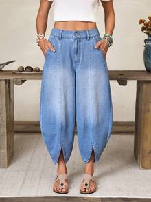 EMERY ROSE Women's Pocket Tapered Casual Loose Fit Jeans - Blue - View 3
