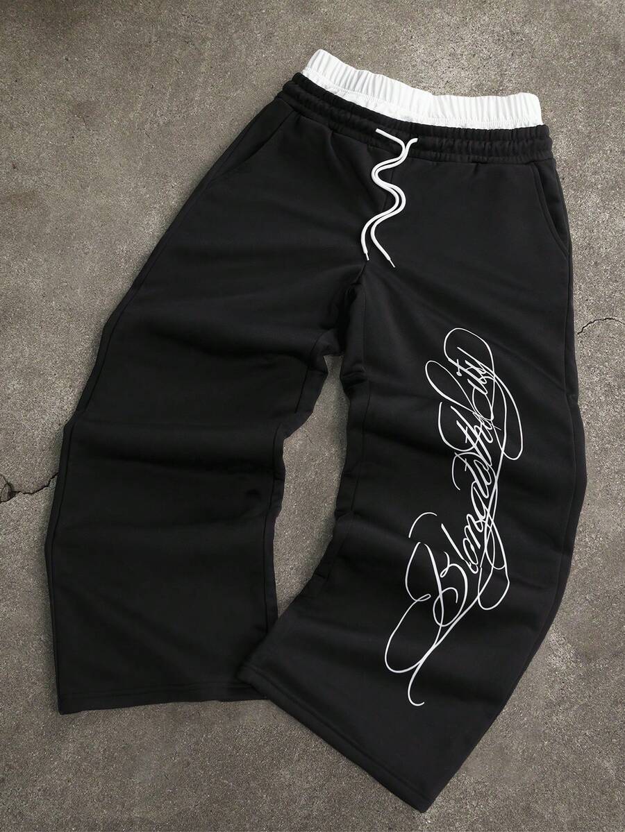 GALLERY FADE Men's Drawstring Waist Letter Print Casual Versatile Daily Wear Sweatpants - Black - View 1