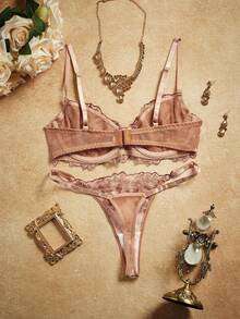 SHEIN 2pcs Women Retro Blue Sexy Lingerie Set - Champagne - View 2