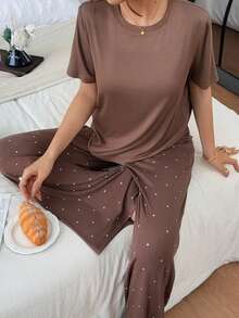 DAZY Women's Solid Color Round Neck Short Sleeve T-Shirt And Polka Dot Print Long Pants Pajama Set - Coffee Brown - View 7