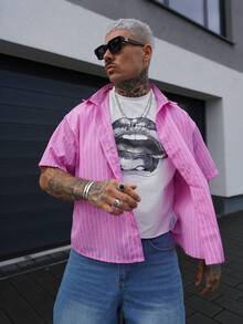 Artur Kramer Men's Casual Loose Striped Short Sleeve Shirt, Spring To Summer - Watermelon Pink - View 5