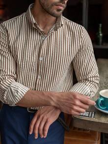 YOUESAWY YOUESAWY Camisa de manga larga con cuello vuelto, diseño de tela texturizada con rayas y pliegues, de ajuste holgado, de poliéster ligero, estilo minimalista vintage, adecuada para salidas casuales, el hogar y el transporte - Marrón - Ver 5