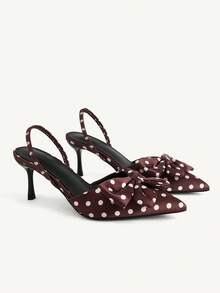 CUCCOO CHICEST Ladies Shoes Satin Polka Dot Bow Ladies Pointed Heels Back Empty Ankle Strap Dark Brown Elegant Fashion Banquet Commuter Party Fall Shoes - dark brown - View 2
