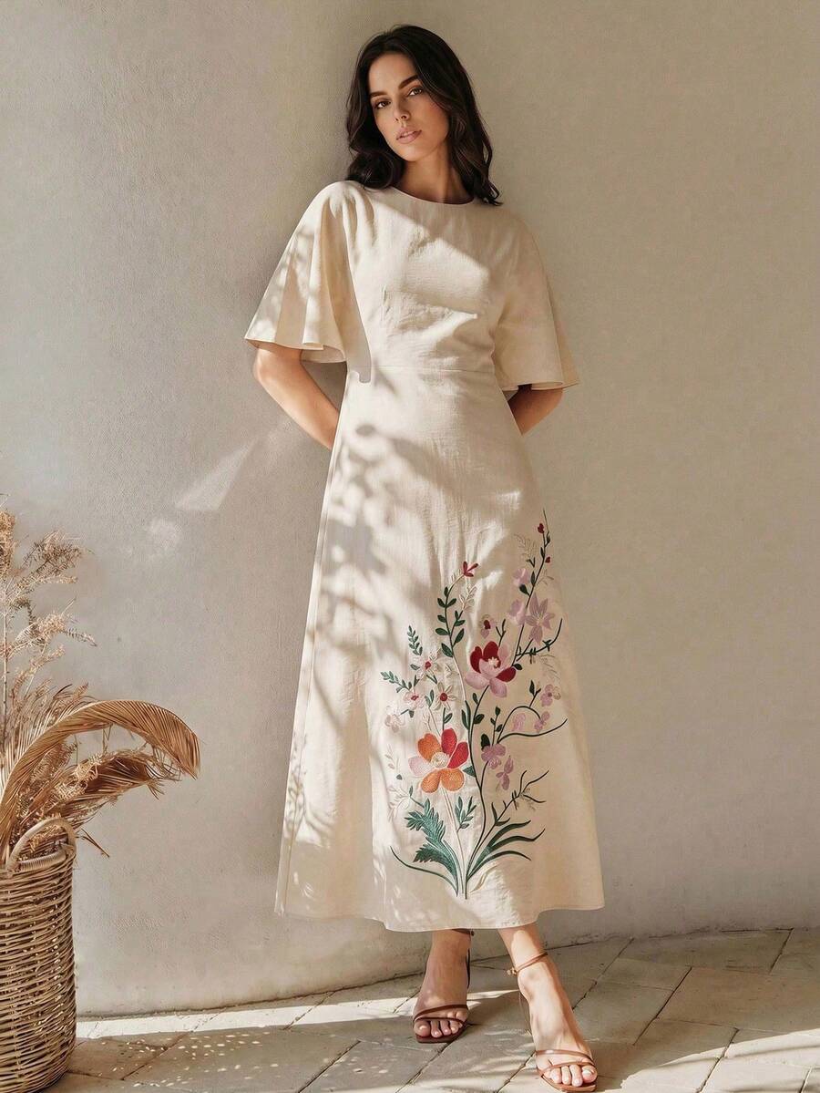 Anewsta 夏季女款圓領短袖重工刺繡杏色長版優雅洋裝,女款優雅洋裝,杏色洋裝 - 杏色 - 查看 1