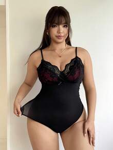 GalTyme Body de mujer talla grande de verano, tela de seda de hielo, color negro, con encaje, lazo decorativo, tirantes finos, elástico y efecto moldeador, color liso - Multicolor - Ver 5