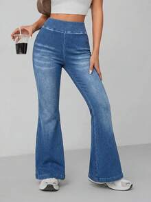 SHEIN PETITE Petite Size Women's Wide Elastic High Waist High Stretch Dusty Blue Lifting Flare Leg Jeans, Multi Pocket Casual Everyday Summer Streetwear Pant - Medium Wash - View 7