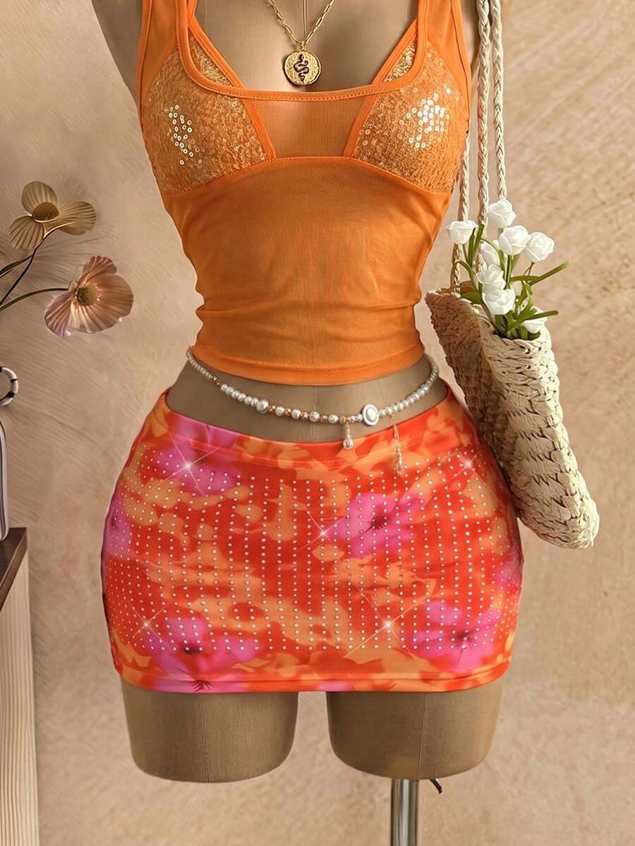 EgrlEra 女款花卉印花性感高腰修身緊身裙 - 橘色 - 查看 1
