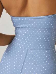 Aralina Polka Dot Print Backless Halter Romper Workout Gym Summer Casual World Cup Fan Outfit - Blue - View 3