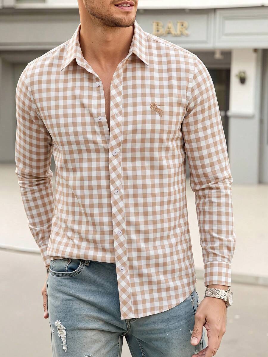 Manfinity Homme 男士單排扣休閒米色格紋長袖襯衫 - 卡其色 - 查看 1