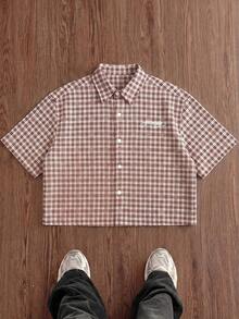 SWAVVY 男士字母刺繡格紋短袖單排扣襯衫 - 紅色 - 查看 1