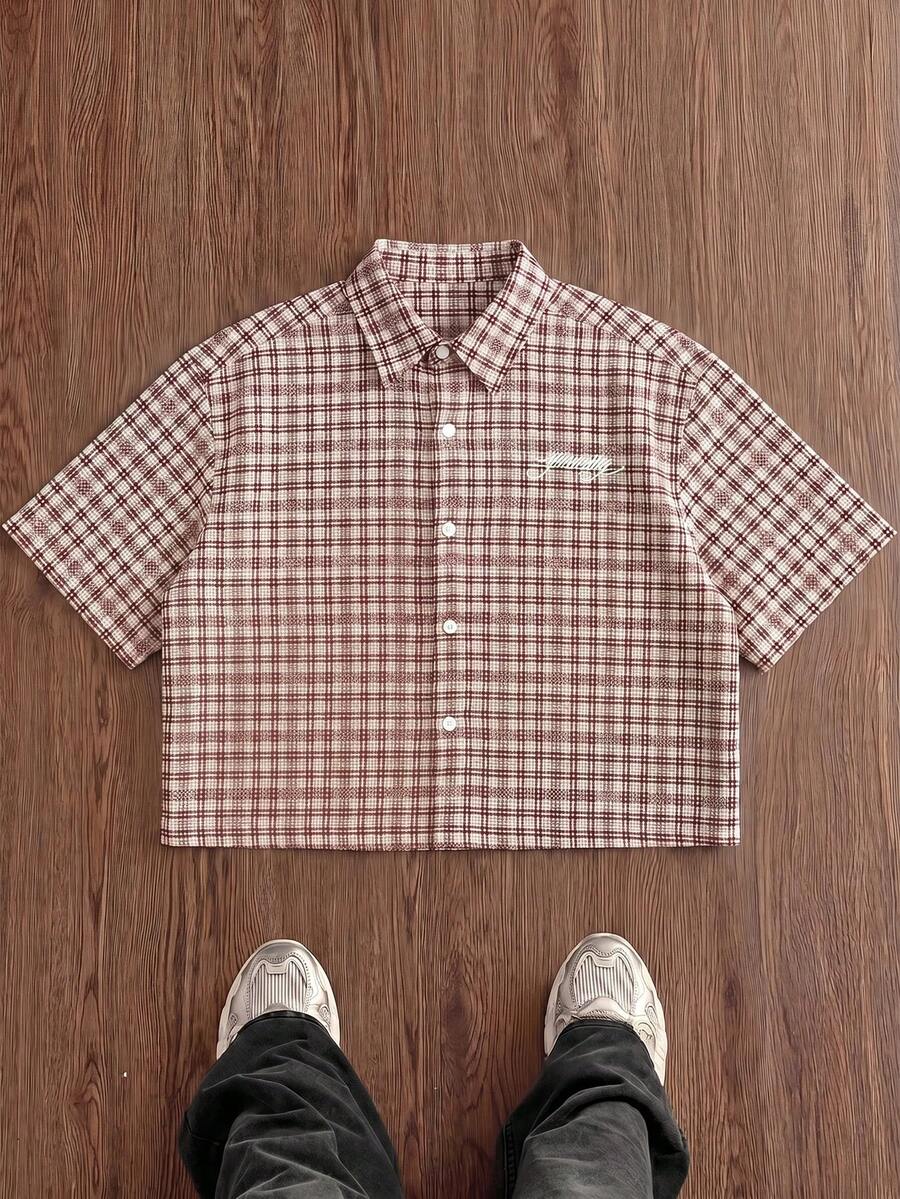 SWAVVY 男士字母刺繡格紋短袖單排扣襯衫 - 紅色 - 查看 1
