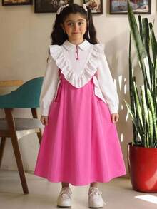 Tween Girl Back To School Dress KIDS Tween Girls Pink Dress, Essential For School Season, Casual Preppy Style, Long Sleeve, Color Block, Exaggerated Ruffle Hem, Soft And Vintage Feel; Double-Breasted Button Decor On Chest, Neat And Exquisite Pink - Pink - View 9