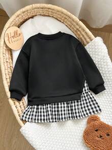 SHEIN 女嬰秋冬可愛拼色長袖洋裝 - 黑色 - 查看 2