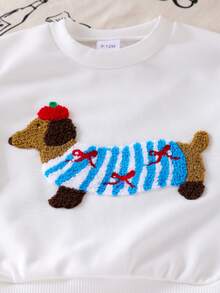 SHEIN Vintaside Kids 嬰兒女童秋冬針織圓領T恤套裝，小狗毛巾刺繡、針織滾邊、蝴蝶結、格紋印花長褲，運動時尚兩件套 - 藍色 - 查看 8