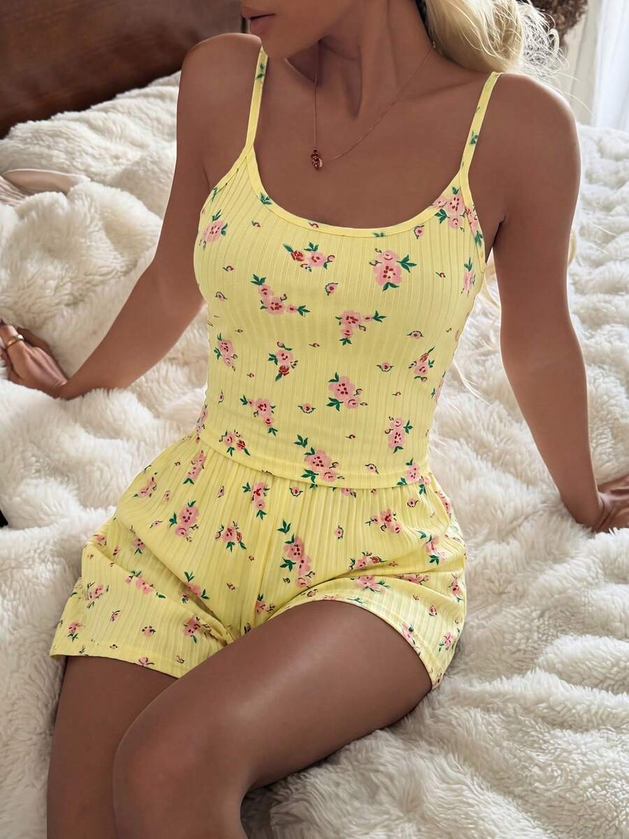 CottageSlumber 2pcs/Set Sweet Floral Camisole & Shorts Loungewear Set For Summer - Yellow - View 1