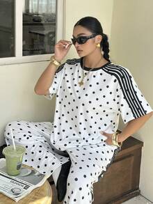 Muchica 大尺碼女款波點印花短袖T恤與長褲休閒兩件套 - 彩色 - 查看 3