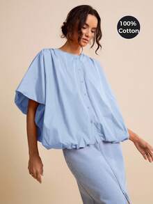 LOTSLUV Women's Spring/Summer Blue Loose Casual Elegant Batwing Sleeve Blouse Office,Elegant Women's Blouses,Pretty Blouses,Casual Blouses For Women - Baby Blue - View 1