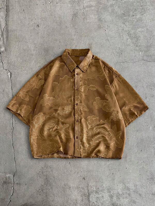 AXEPEAK Men's Loose Fit Cropped Short Sleeve Shirt With Lapel Collar And Floral Fabric