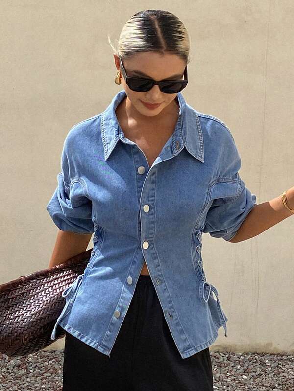 Livesso Women's Drop Shoulder Long Sleeve Side Waist Eyelet Lace-Up Denim Shirt