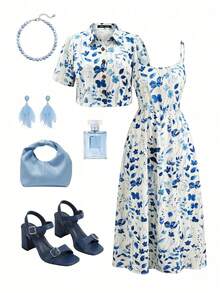 SHEIN Clasi Damen bedrucktes Kleid und Hemd 2 Stücke Set - Babyblau - Übersicht 7
