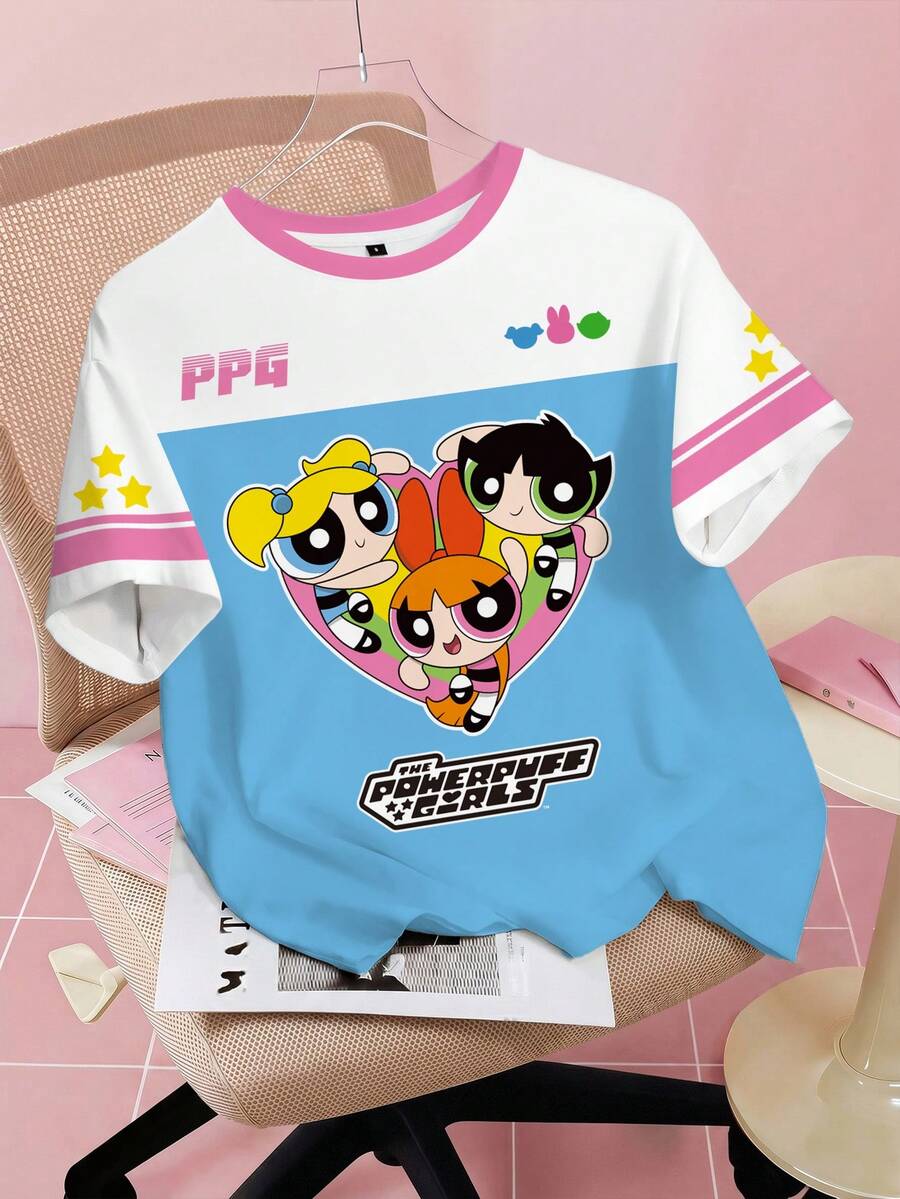 THE POWERPUFF GIRLS X SHEIN 女款夏季休閒拼色拼接卡通印花T恤 - 白色 - 查看 1
