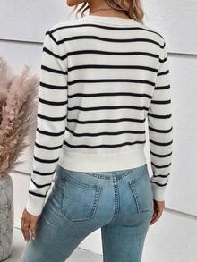Muvela Cardigan Tipis Kasual Wanita Lengan Panjang Bergaris Kancing Tunggal - MultiWarna - View 2