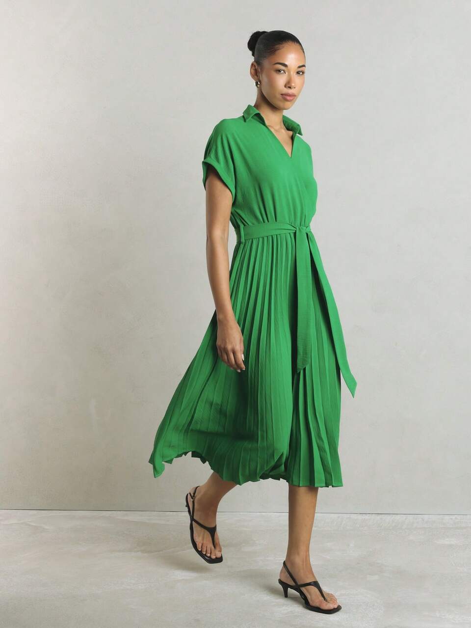 KSTM Pleated Midi Shirt Dress With V-Neckline, Collared Wrap Front, Belted Waist And Short Sleeves