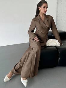 Firerie 女款休閒優雅寬腿褲與長袖西裝外套套裝，摩卡棕仿亞麻百褶褲，適合辦公商務、秋季新年穿著 - 咖啡棕 - 查看 3