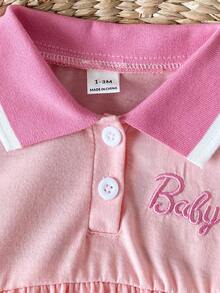 SHEIN Playful Pals 女嬰休閒簡約翻領草莓刺繡連身褲，春/夏 - 粉色 - 查看 7