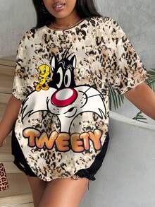 LOONEY TUNES X SHEIN 大尺碼女款字母與豹紋印花短袖休閒寬鬆版型T恤 - 白色 - 查看 1