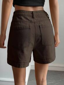 Livesso Petite Short en jean décontracté et polyvalent pour femme, avec poches et boutons, pour l'été - Tabac - Voir 2