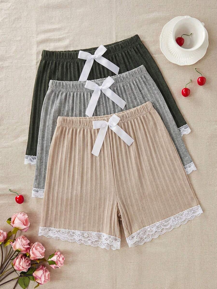 EURMUSE Women COTTON 3pcs Rib Knit Multicolour Lace&Ribbon Detail Homewear Comfort Shorts Lounge Set - Multicolor - View 1