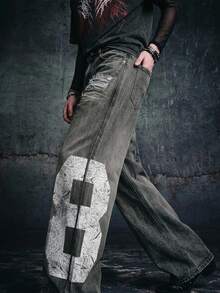 Manfinity Roghcode Street Fashion Washed Distressed Faux-Worn Gray Loose Straight Leg Twill Denim Jeans - Multicolor - View 6