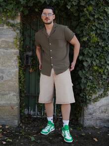 LEOGASHI LEOGASHI Men's Stand Collar Short Sleeve Button Front Pocket Casual Shirt - Army Green - View 3