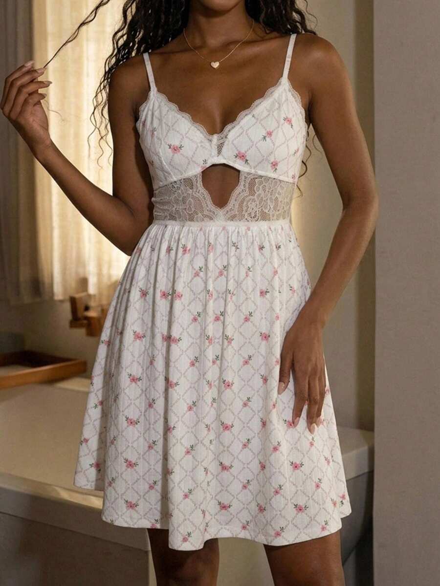 Livesso Camisola Feminina Sexy Casual para Casa com Renda, Patchwork e Estampa Floral, Pijama de Verão - Rosa chiclete - Visão 1