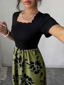 Selianne 女款春夏優雅成熟精緻迷人花卉印花短袖洋裝 晚餐酒吧派對穿搭 黑色格紋 - 軍綠色 - 查看 4