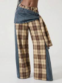 ROMWE J-Fashion Women's Retro Punk Street Style Plaid Patchwork 2 In 1 Lace-Up Jeans - Blue - View 1