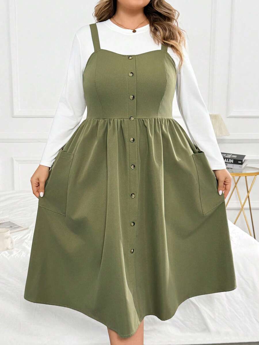 SHEIN CURVE+ 大尺碼女款純色簡約日常口袋吊帶洋裝,秋季洋裝 - 綠色 - 查看 1