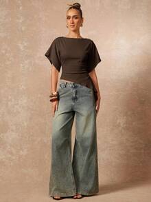 Lumalex Women's Knitted Textured Asymmetrical Waist T-Shirt - Brown - View 4