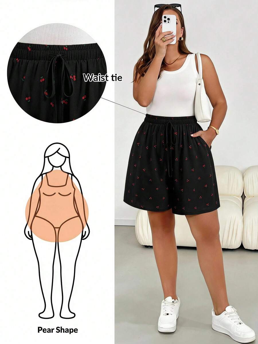 SHEIN Essnce Cherry 大尺碼女款春夏時尚休閒寬鬆舒適百搭修身彈性腰百慕達短褲 - 黑色 - 查看 1